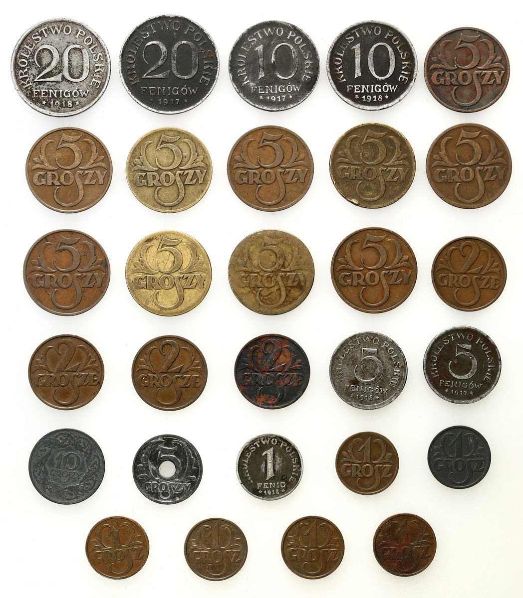 II RP, GG, Królestwo Polskie. 1 - 10 groszy, 1 - 20 fenigów 1917-1939, zestaw 29 monet